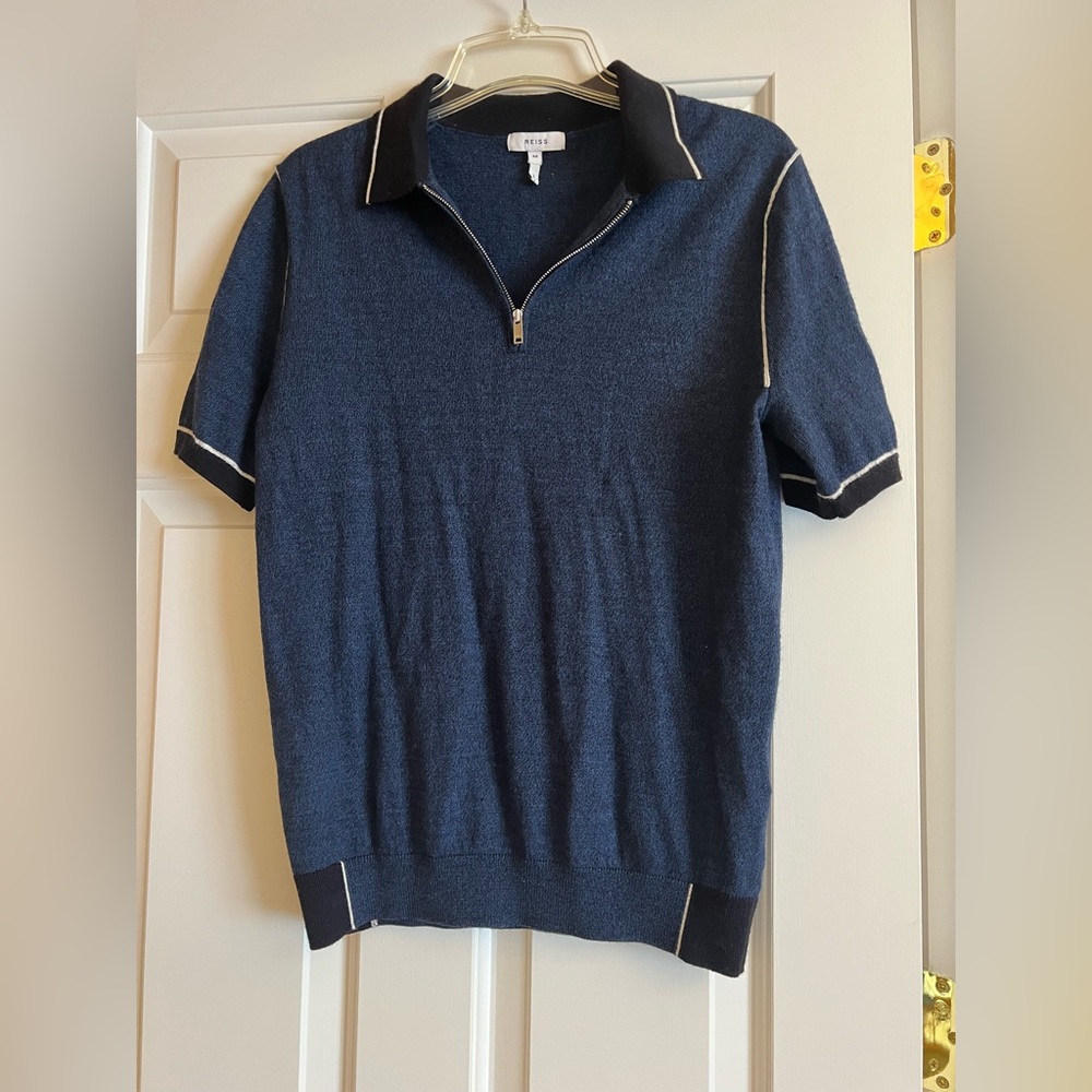 Reiss Navy Short-Sleeve Zip Polo with White Trim